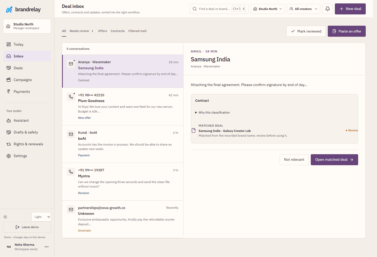 Actual BrandRelay inbox screen with fictional demo records