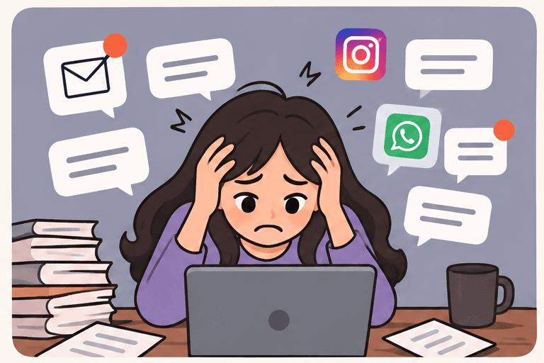 A creator overwhelmed by collaboration messages across email, Instagram and WhatsApp.